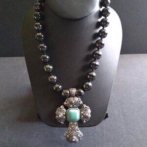 Black Glass Bead Necklace with Large Celtic Cross with Turquoise Center Stone
